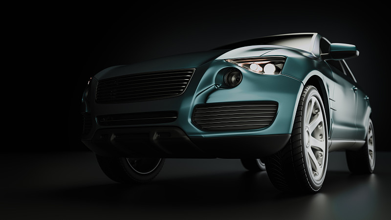 摄影棚里的蓝色suv车。