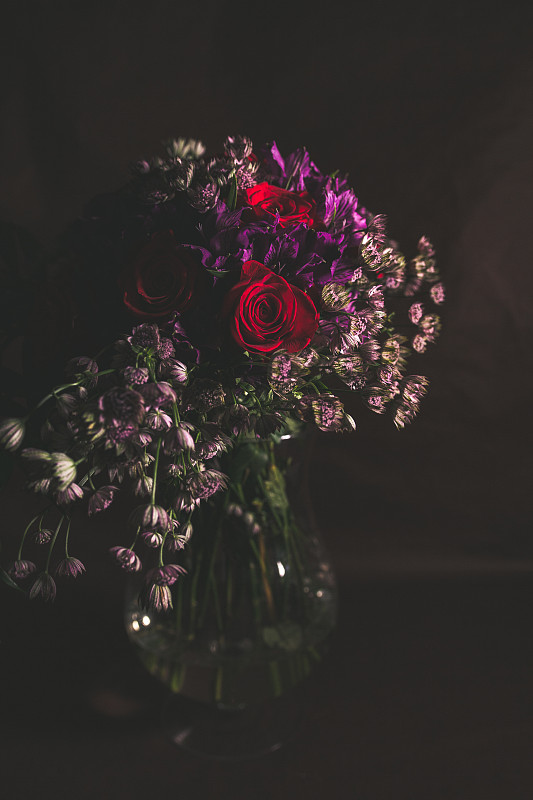 漂亮的花束在黑色背景的花瓶。
