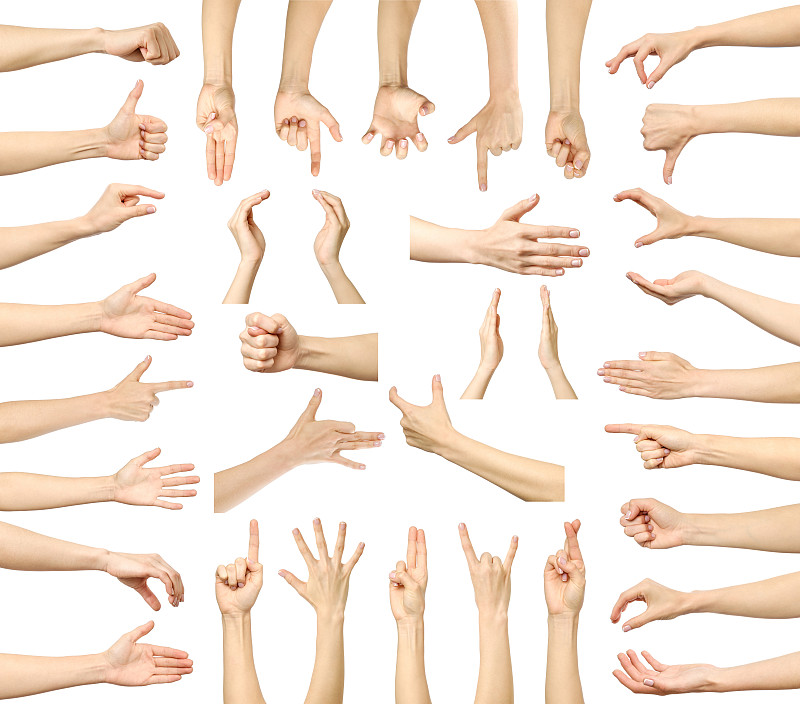 多个图像集的女性白人手势孤立的白色背景