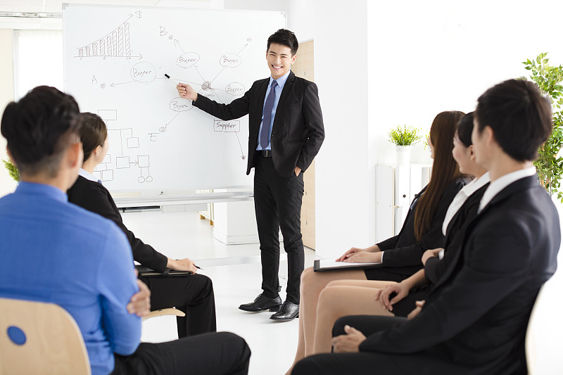 商人在办公室向合作伙伴展示新项目