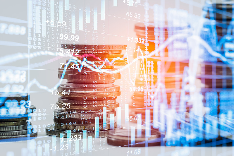 股票市场财务指标分析的指数图LED。摘要股票市场数据交易概念。股票市场金融数据交易图形背景。全球金融图分析概念。