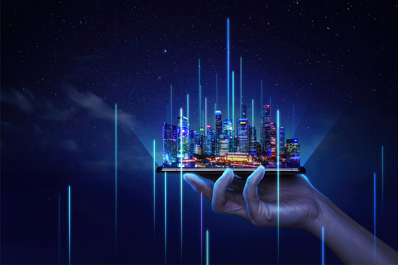 现代城市景观和通信网络概念。(物联网)。信息通信技术。5克。智能城市。数字转换。新加坡