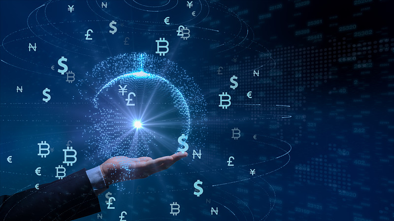 股票市场分析和股票交易，货币符号，商业图表和全球资金转移。3 d演示。