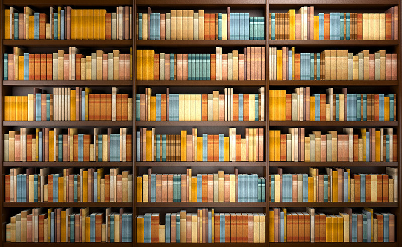 图书馆背景与木制书架满书