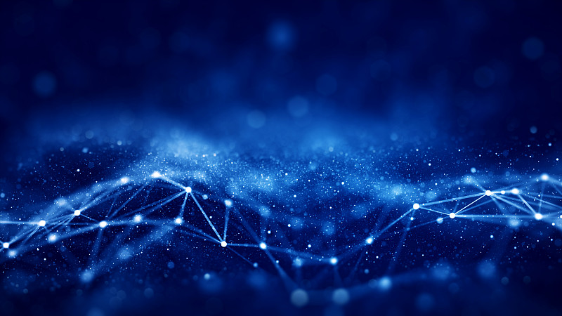 多边形抽象蓝色背景与周围的小模糊散焦粒子相连。