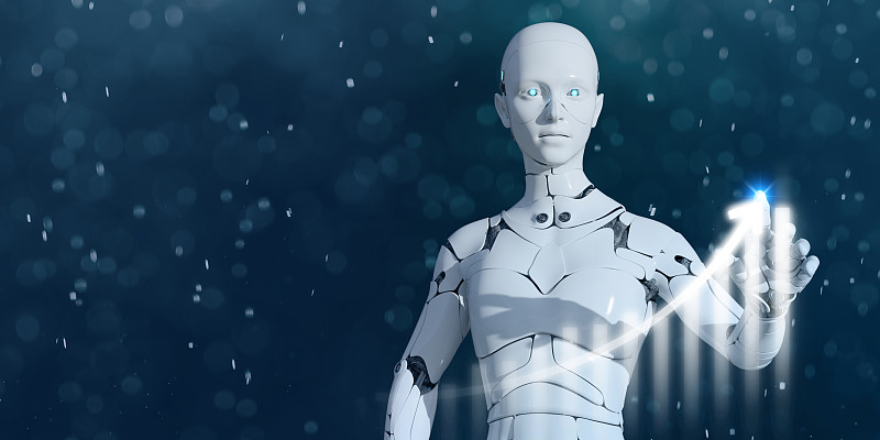 三维绘制机器人在控制论现实中使用虚拟界面，机器学习。人工智能控制全球业务发展并实现业务增长。未来技术的概念。