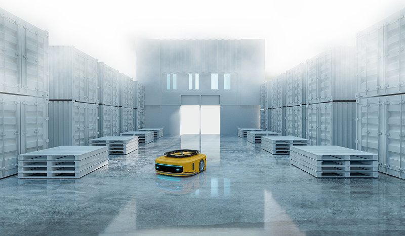 白色仓库的AGV机器，物流和产品仓库，机器人机器工作
