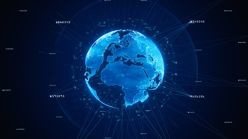 数字网络空间和数字数据网络的连接概念。传输数字数据高速互联网，未来技术数字抽象背景概念。