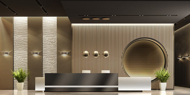 现代办公室大堂内部区域与长接待台