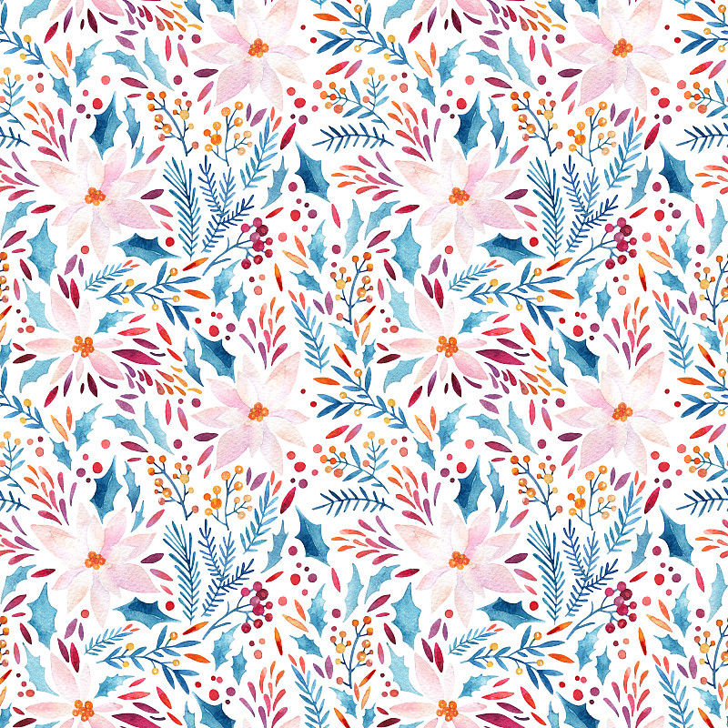 水彩花冠华丽，冬青、种子、皮草、细枝图案无缝衔接。