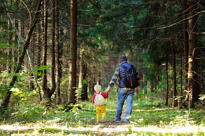 父亲和儿子在森林里徒步旅行活动