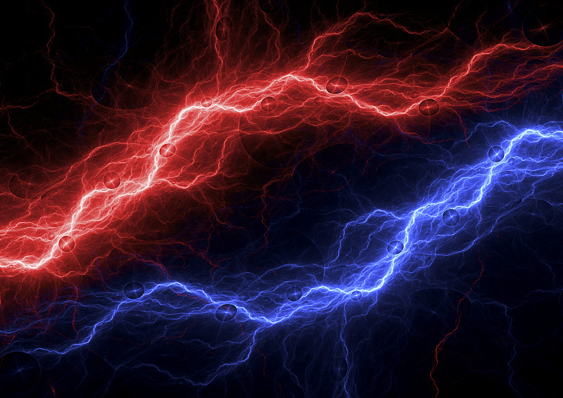 红色和蓝色电气背景，闪电和等离子体抽象