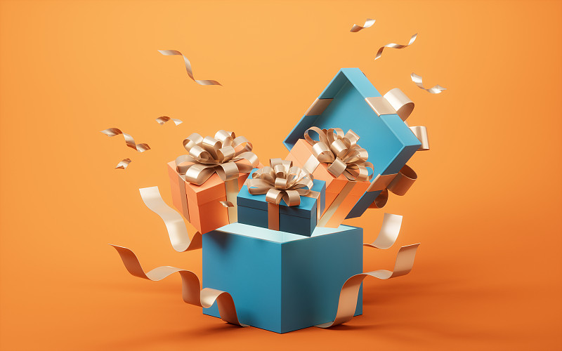 打开礼盒，节日和庆典，3d渲染。