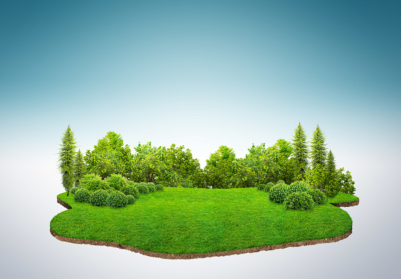 有旅游度假背景。三维插图与地面和草地景观的削减。岛上的树和岩石。