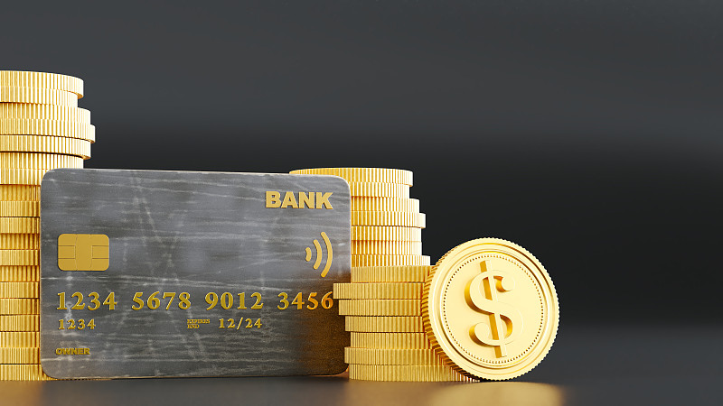 3D在线支付信用卡或借记卡的概念。黑色背景上有硬币的信用卡，