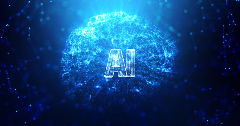 3D渲染AI与点和连接线在黑暗的背景