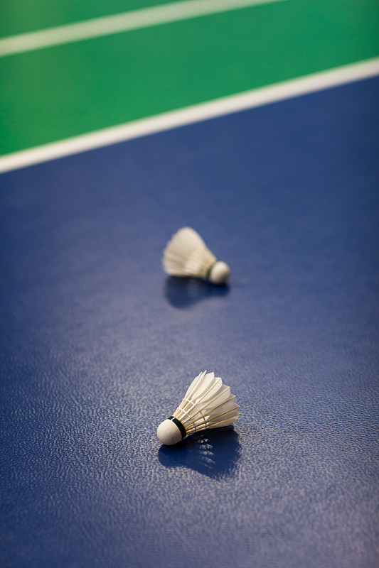 羽毛球场地有选手参加比赛;前景是毽子