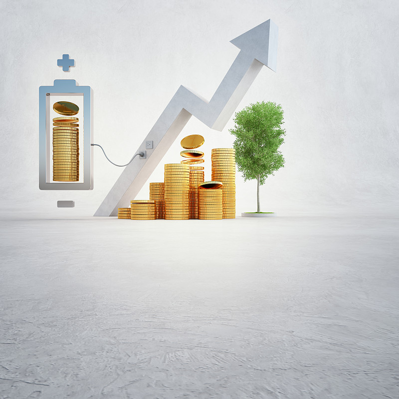 3d插图的金币与电池和财务图形在白色拷贝空间背景业务增长或数字货币概念。