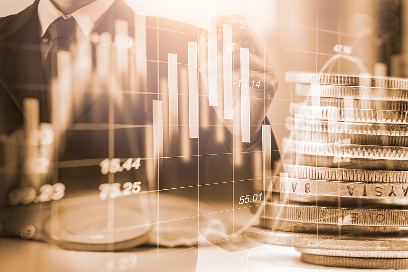 商人对股市金融交易的指标背景。人分析股票市场金融交易指数的LED。商人对股票市场交易的双重暴露金融概念。