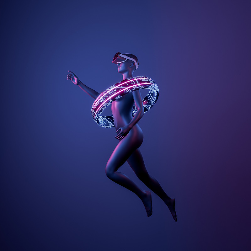 戴着虚拟现实眼镜和电子戒指的未来派女孩