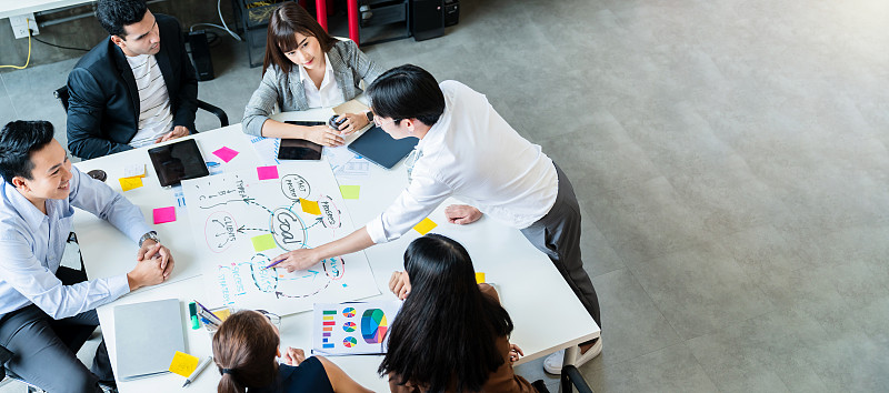 在办公室进行商务演示时，在白色的桌子上进行愉快的商务团队头脑风暴和讨论。