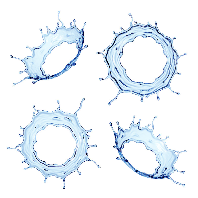 3d渲染，一套圆形的水飞溅元素。溅蓝色液体剪辑艺术孤立的白色背景。