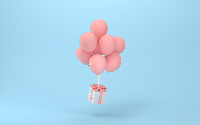 气球和礼物，蓝色背景，3d渲染。