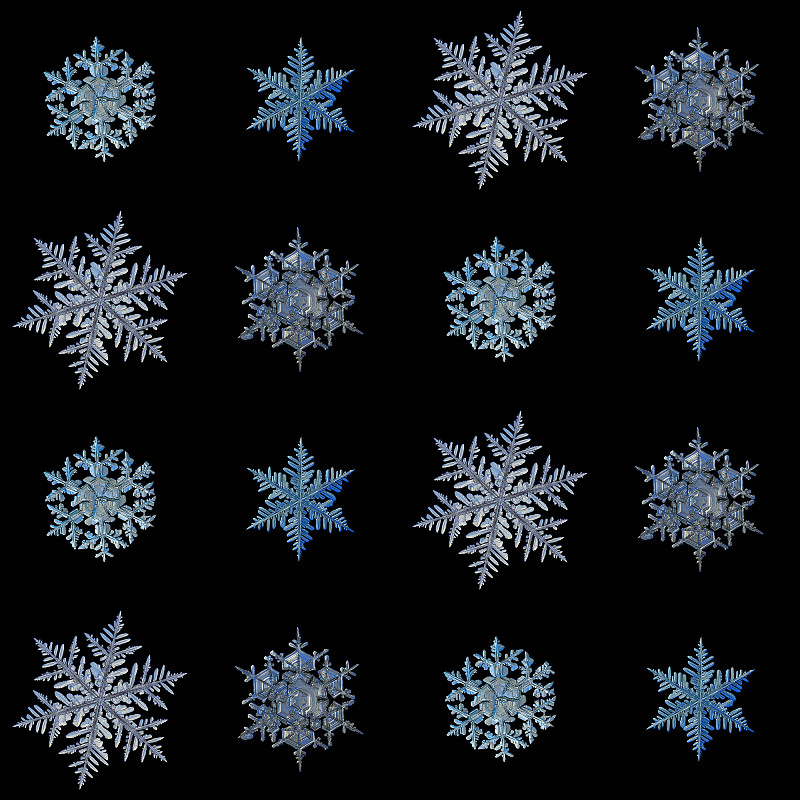 雪花孤立在黑色背景上