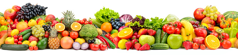 宽水平无缝的图案从有用的蔬菜和水果孤立在白色
