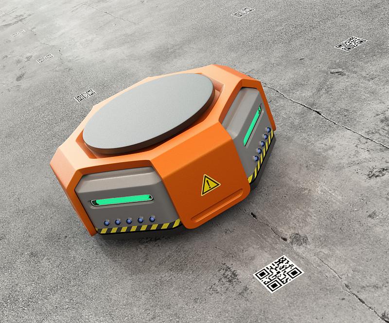 混凝土背景下的橙色仓库机器人