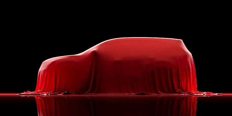 这辆SUV车被黑底红布覆盖着。侧视图。三维渲染