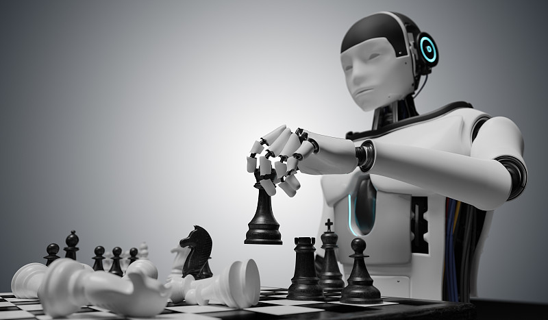 人形机器人正在下棋。人工智能的概念。3 d渲染插图。