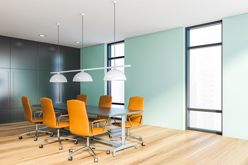 蓝色和灰色的会议室角落