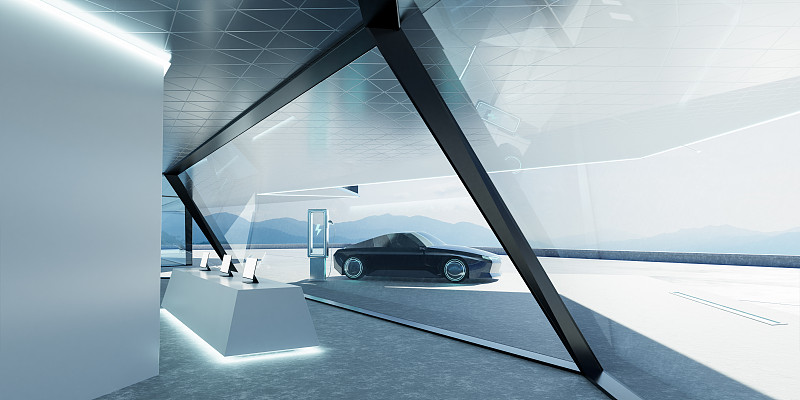 停在现代办公室外的Brandless电动概念车。三维渲染