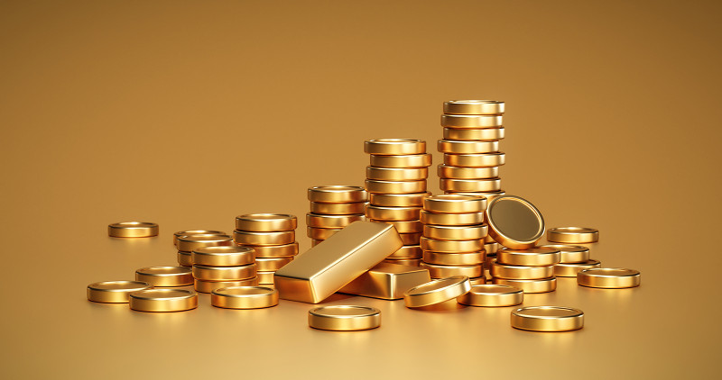 金融业务现金宝金币或黄金财富堆币、金融银行符号和盈利利润美元堆在投资市场上以经济汇率为三维背景。