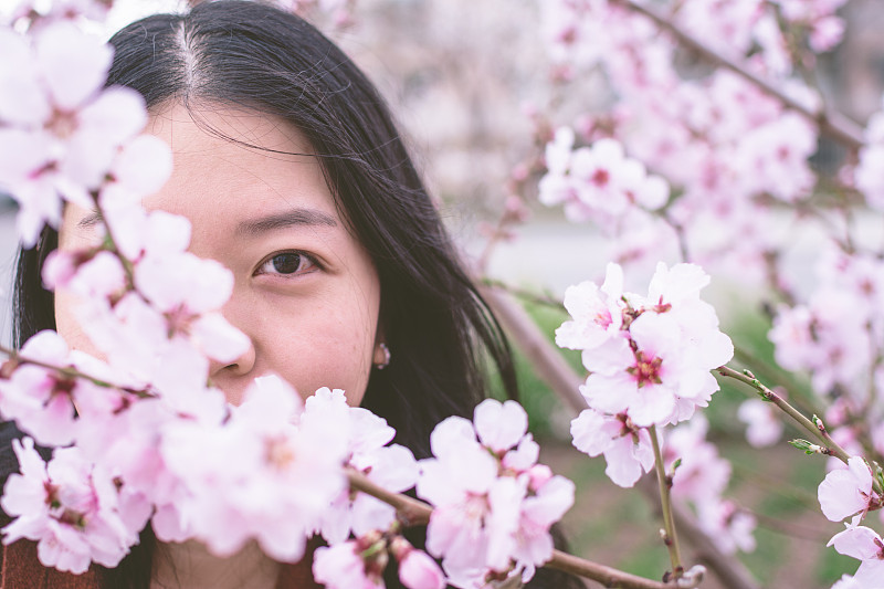 一个亚洲女人的脸被樱花部分隐藏的肖像
