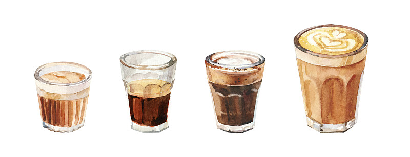 手绘水彩设置与咖啡饮料的咖啡菜单。手绘水彩咖啡杯，美式咖啡，卡布奇诺，平白，浓缩咖啡，拿铁咖啡在白色背景孤立