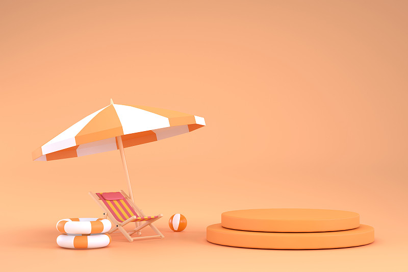 沙滩伞、沙滩球、泳圈、沙滩椅。暑期旅游度假概念。