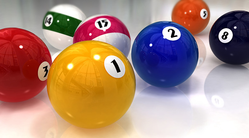 美丽光滑的彩色台球在一个白色的背景。壁纸，3d插图。