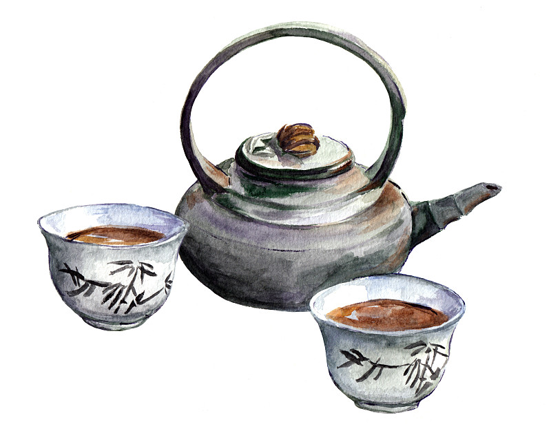 中国传统茶具。水彩