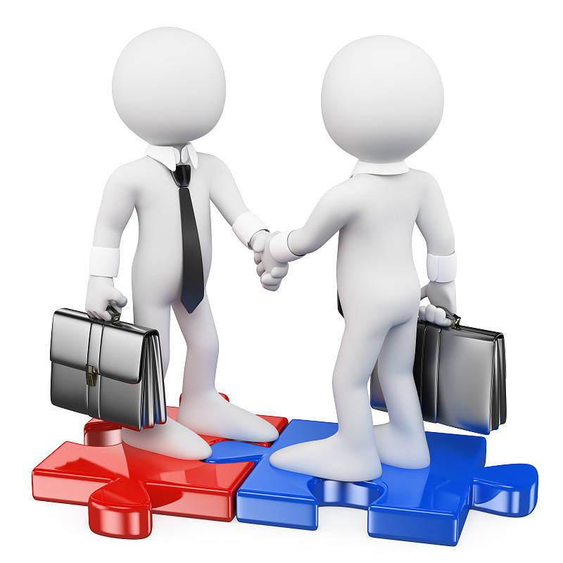 3 d白人。商人在拼图上完成一笔交易