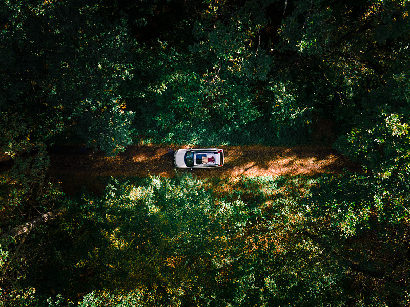 鸟瞰图女人躺在越野车的车顶在森林小径的道路中间