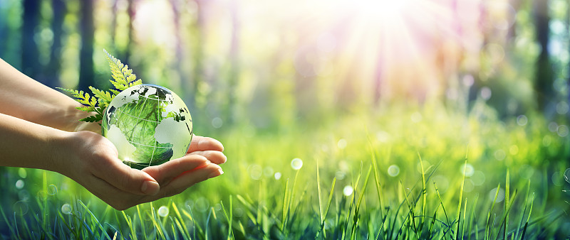 地球日-环境概念-手握地球镜在绿色草地与阳光