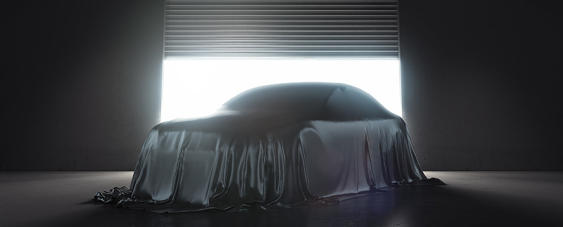 展示用黑布覆盖的汽车。三维渲染