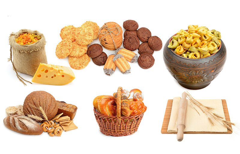 面包、意大利面和甜点被隔离在白色背景上。拼贴画。