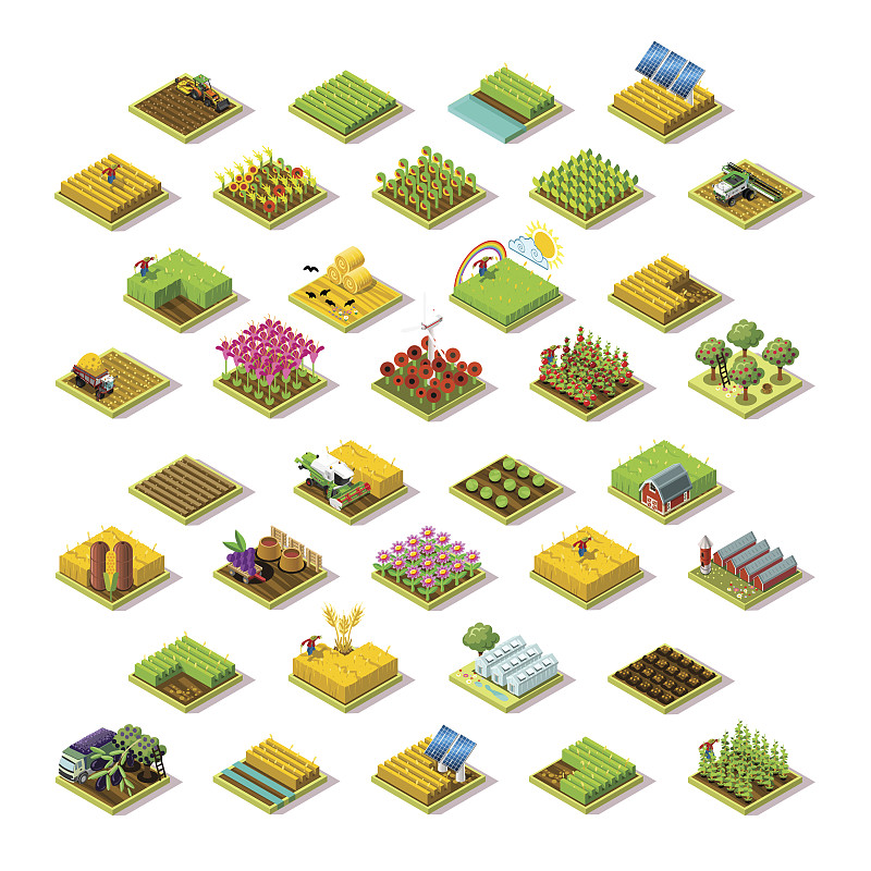 等距农场3D建筑图标收集矢量插图