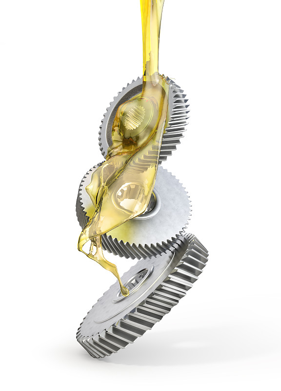 润滑剂。在白色背景上，齿轮被油浸透。三维演示