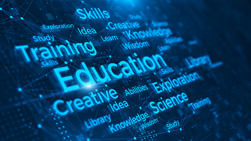 教育标志和文字云的抽象技术背景。在线教育的概念。三维渲染