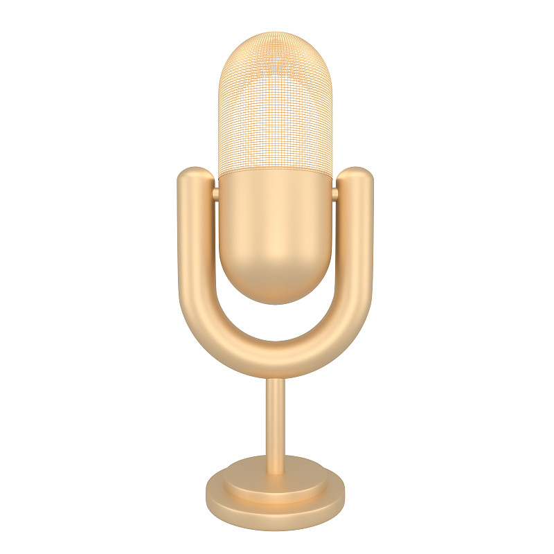 专业麦克风上的3d图标。广播和采访用的音频设备。音乐录音棚卡拉ok扬声器。为演示仪器。3 d渲染。