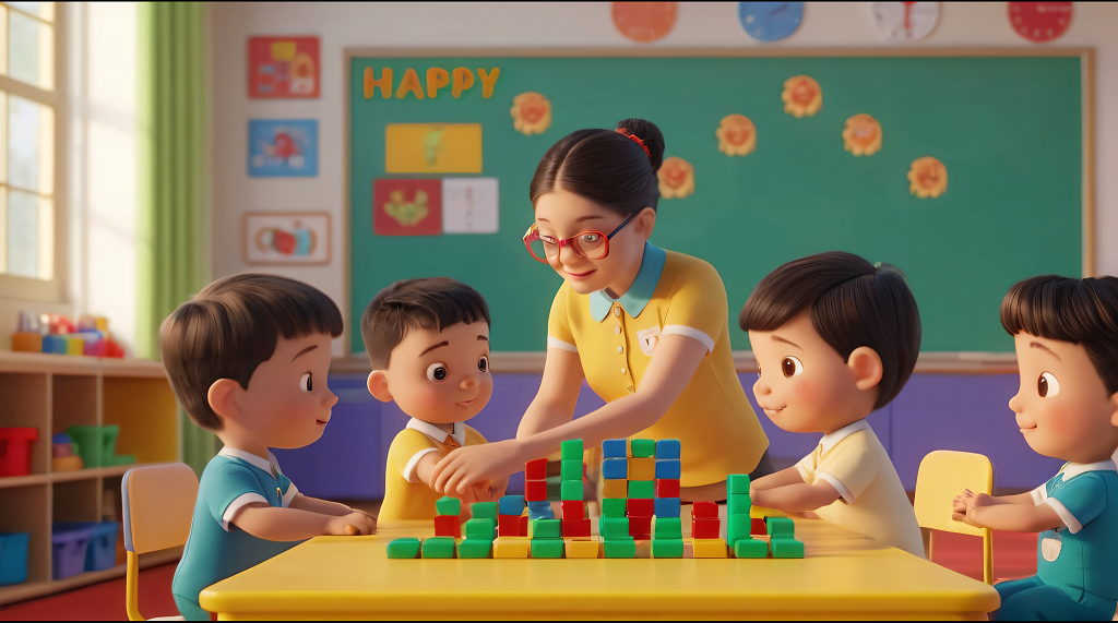 六一儿童节老师在教室带着学生做游戏